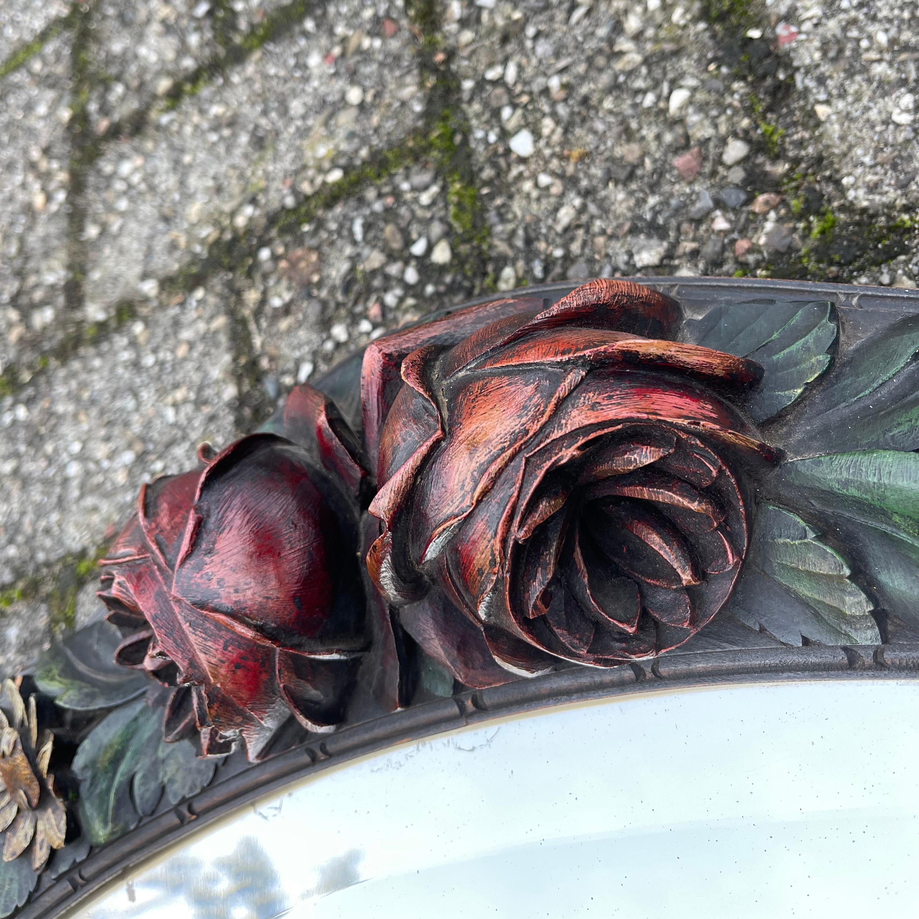 Rare Art Deco Wall Mirror with Hand Carved Wooden Roses & Holly Leafs & Berries For Sale 7