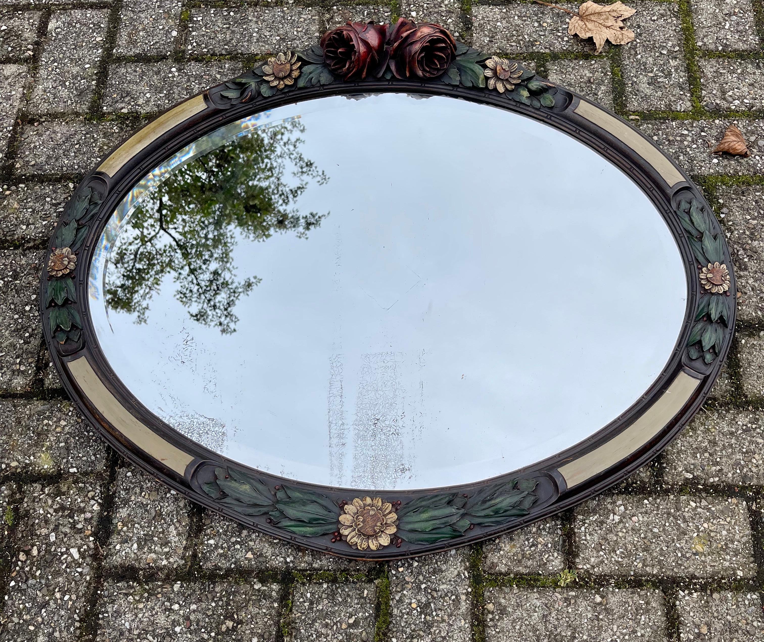 Rare Art Deco Wall Mirror with Hand Carved Wooden Roses & Holly Leafs & Berries For Sale 9