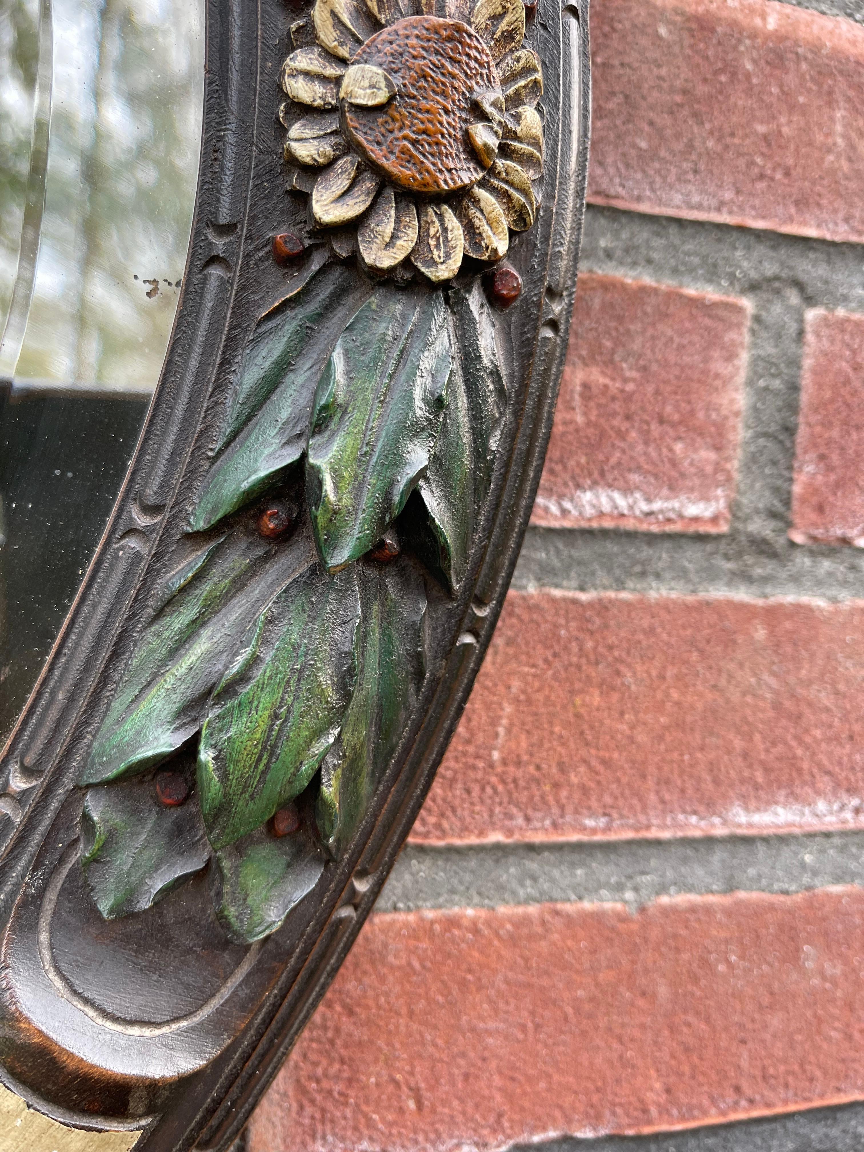 Rare Art Deco Wall Mirror with Hand Carved Wooden Roses & Holly Leafs & Berries For Sale 10