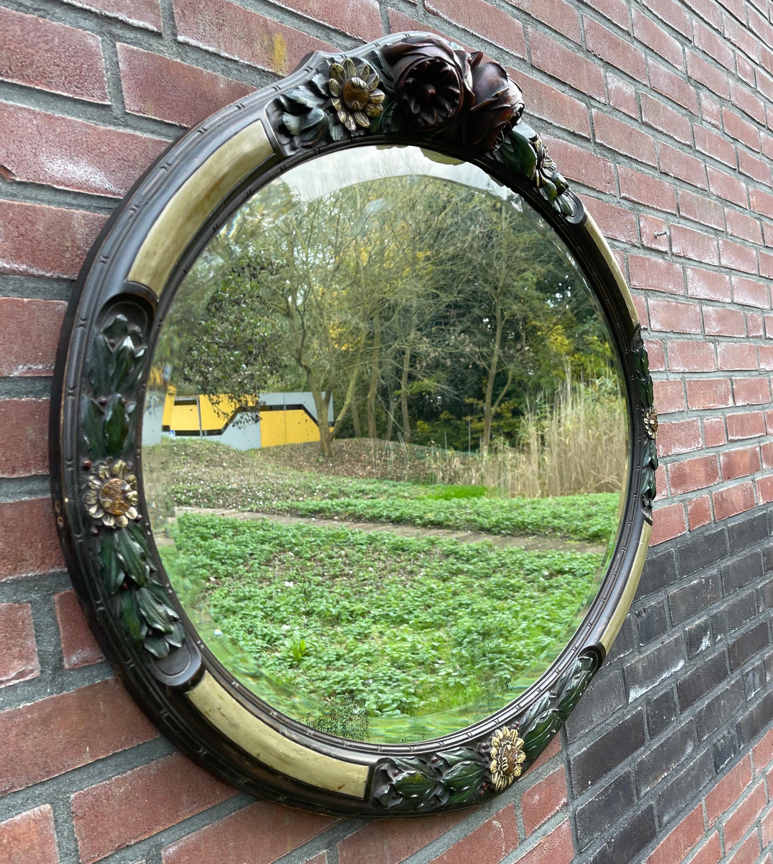 Rare Art Deco Wall Mirror with Hand Carved Wooden Roses & Holly Leafs & Berries For Sale 12