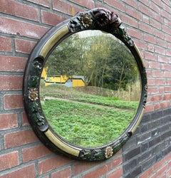 Rare Art Deco Wall Mirror with Hand Carved Wooden Roses & Holly Leafs & Berries