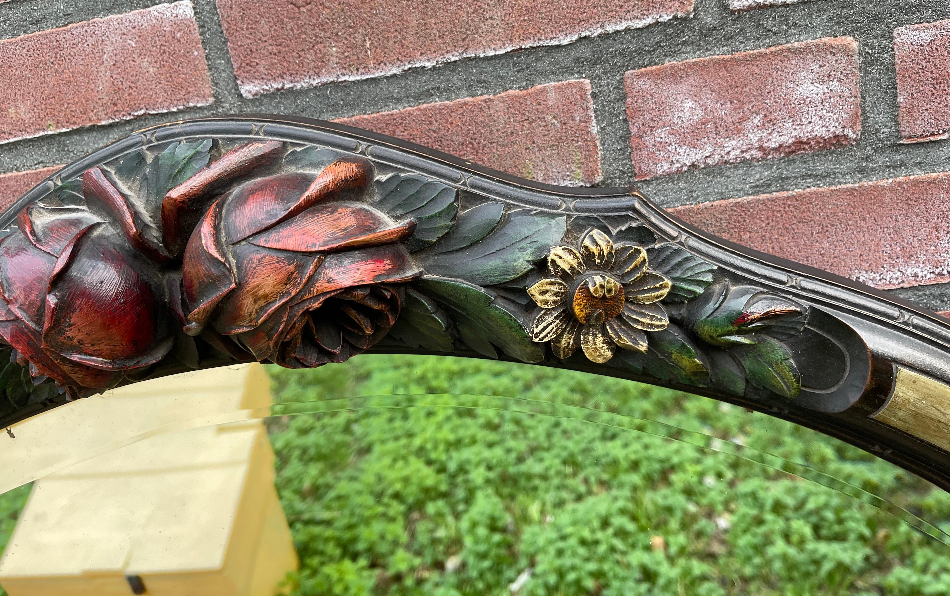 Beveled Rare Art Deco Wall Mirror with Hand Carved Wooden Roses & Holly Leafs & Berries For Sale