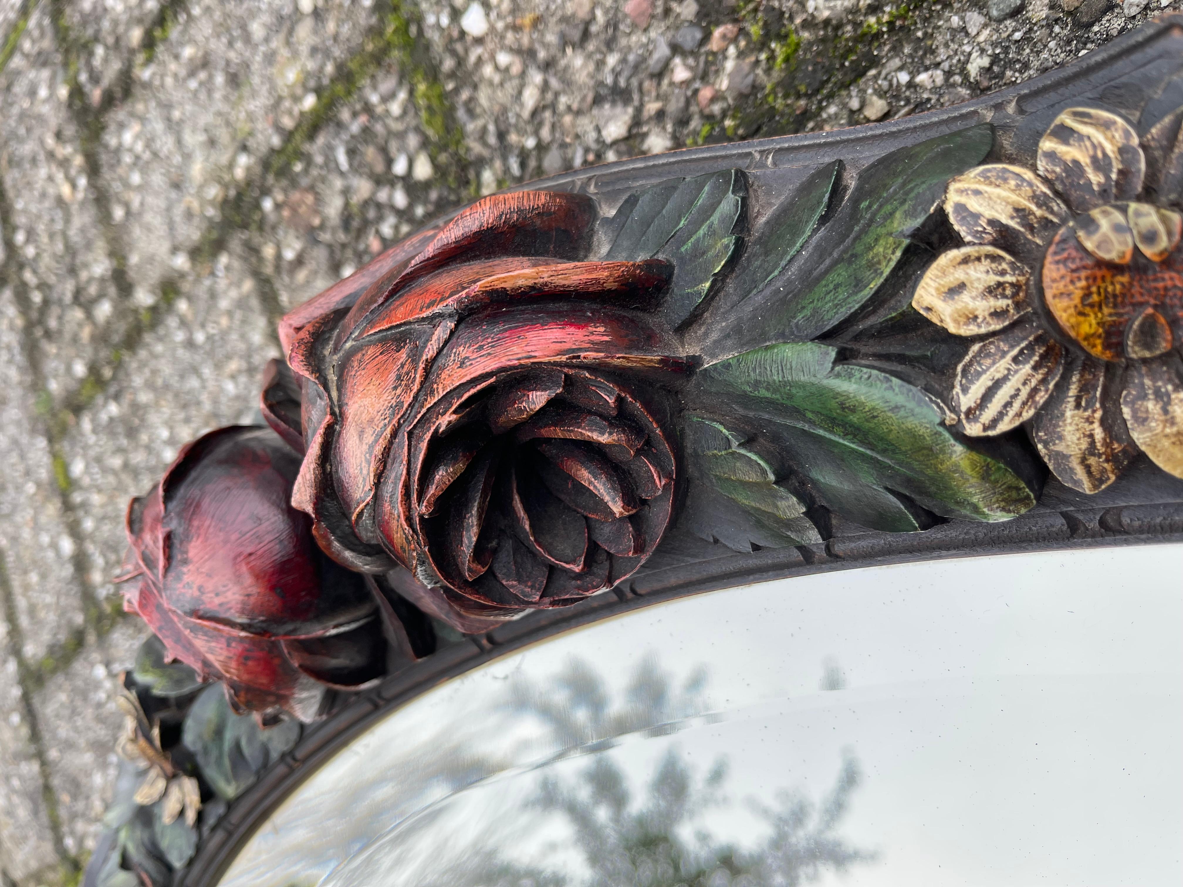 Rare Art Deco Wall Mirror with Hand Carved Wooden Roses & Holly Leafs & Berries In Good Condition For Sale In Lisse, NL