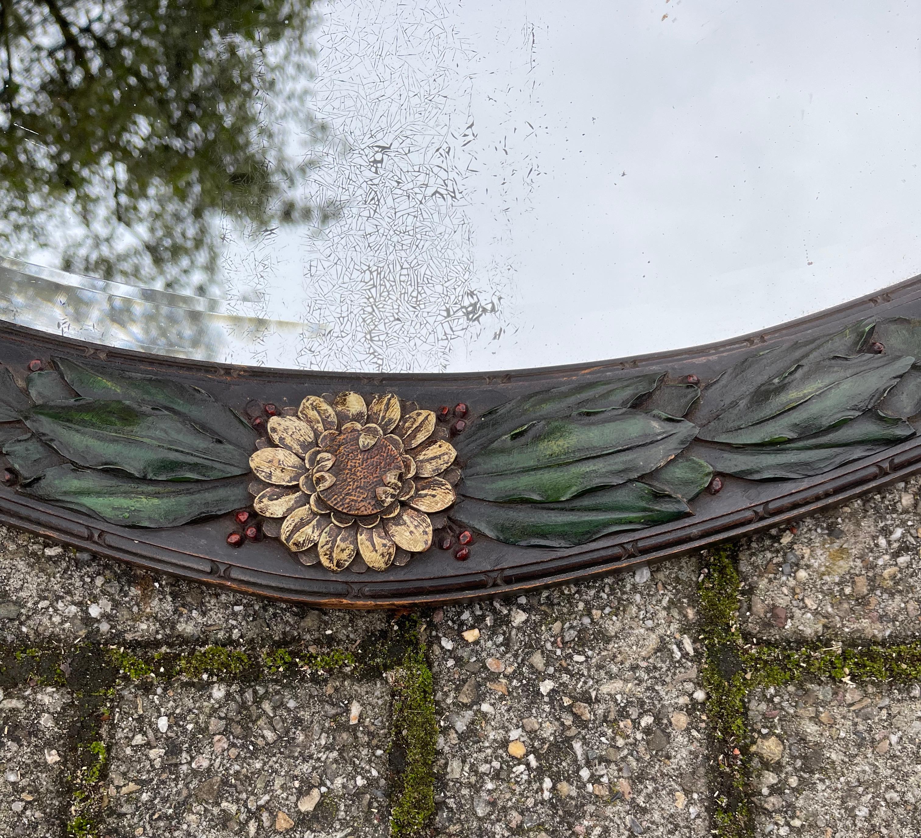 20th Century Rare Art Deco Wall Mirror with Hand Carved Wooden Roses & Holly Leafs & Berries For Sale