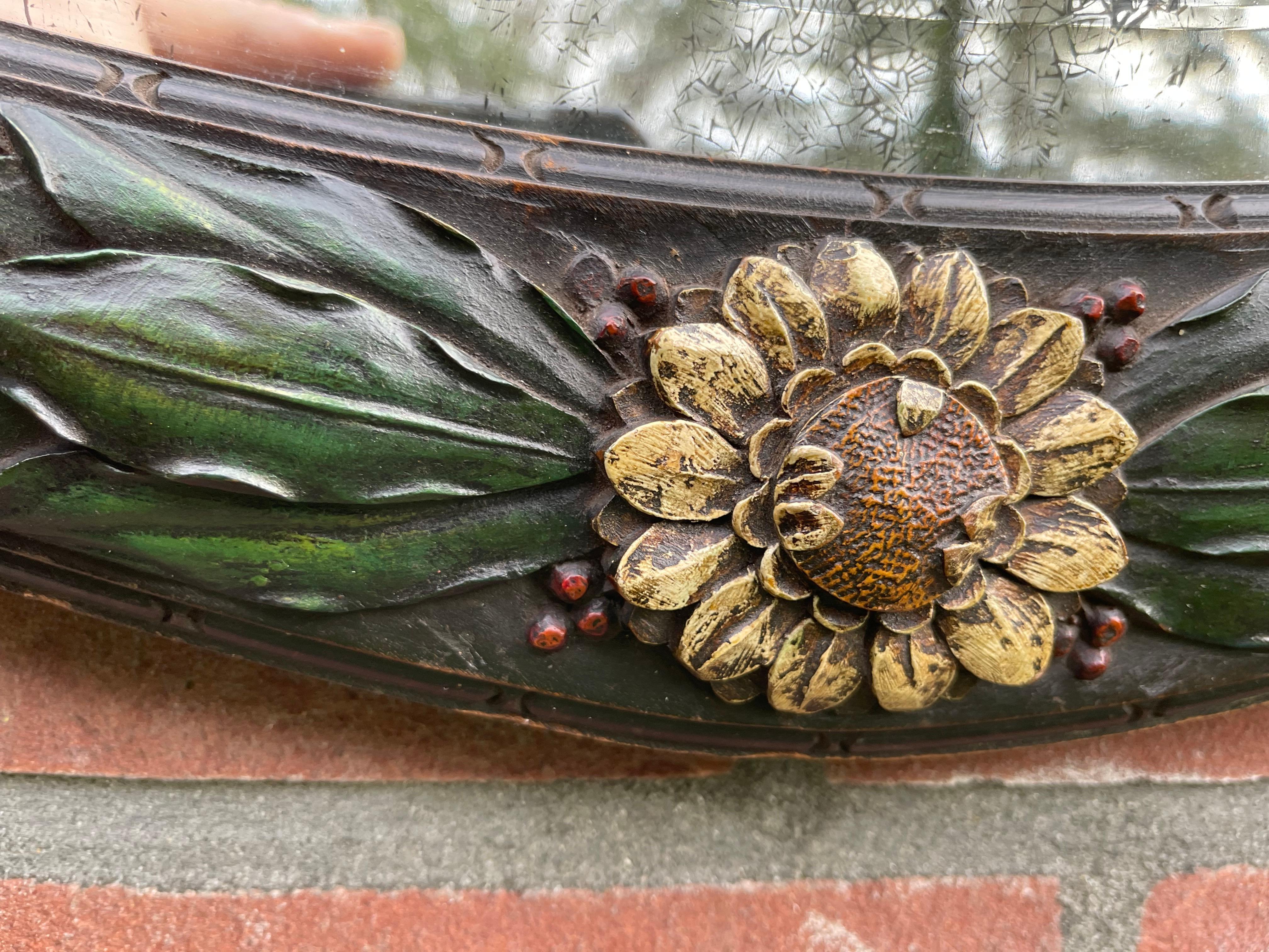 Rare Art Deco Wall Mirror with Hand Carved Wooden Roses & Holly Leafs & Berries For Sale 1