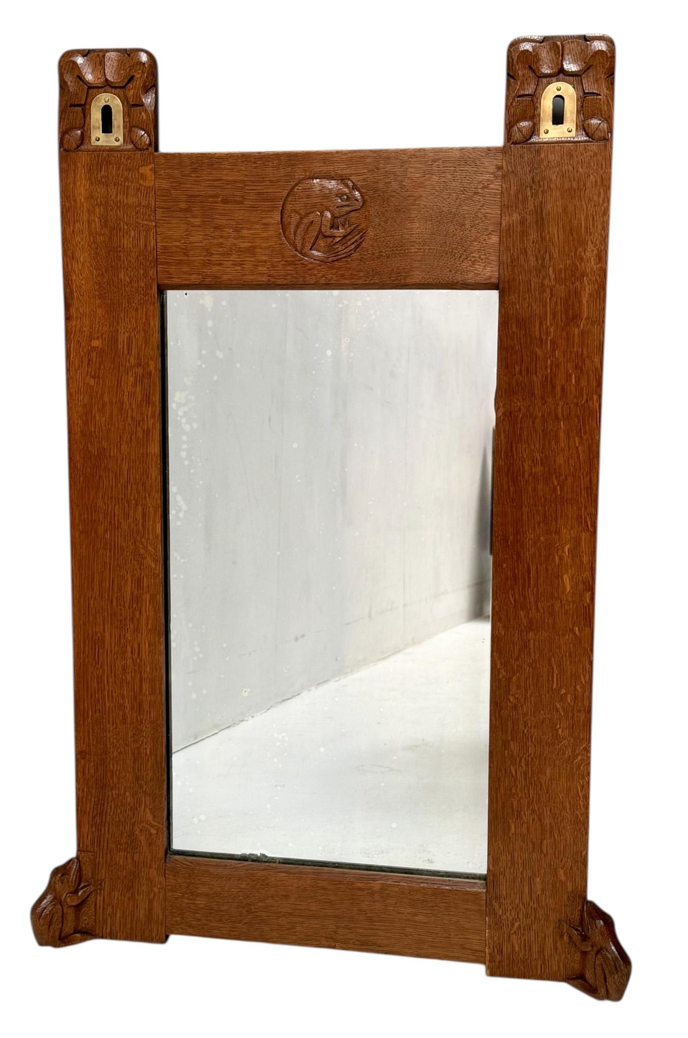 Arts and Crafts Arts & Crafts Wall Mirror with Hand-Carved Frogs by Kobus de Graaff, 1900s For Sale
