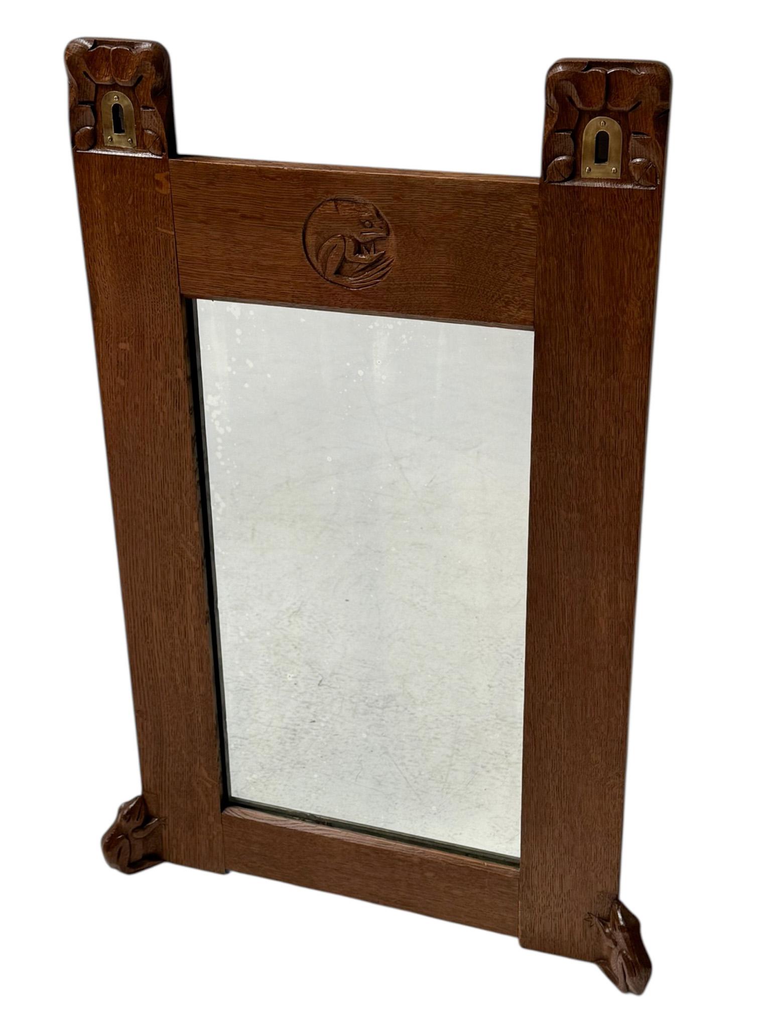 Dutch Arts & Crafts Wall Mirror with Hand-Carved Frogs by Kobus de Graaff, 1900s For Sale