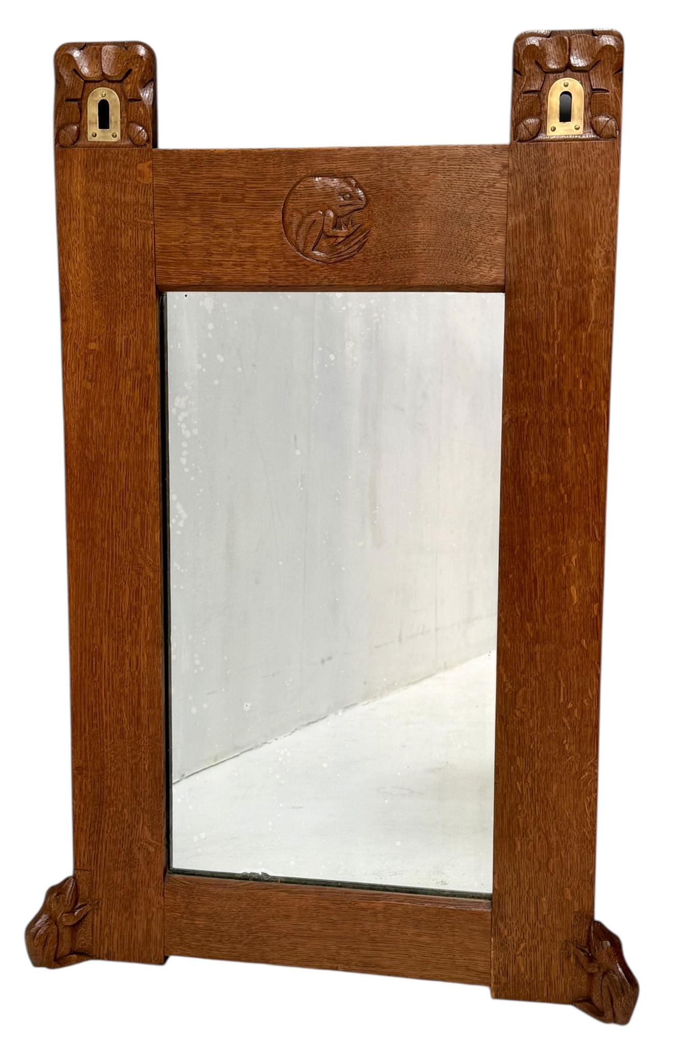 Dutch Arts & Crafts Wall Mirror with Hand-Carved Frogs by Kobus de Graaff, 1900s For Sale