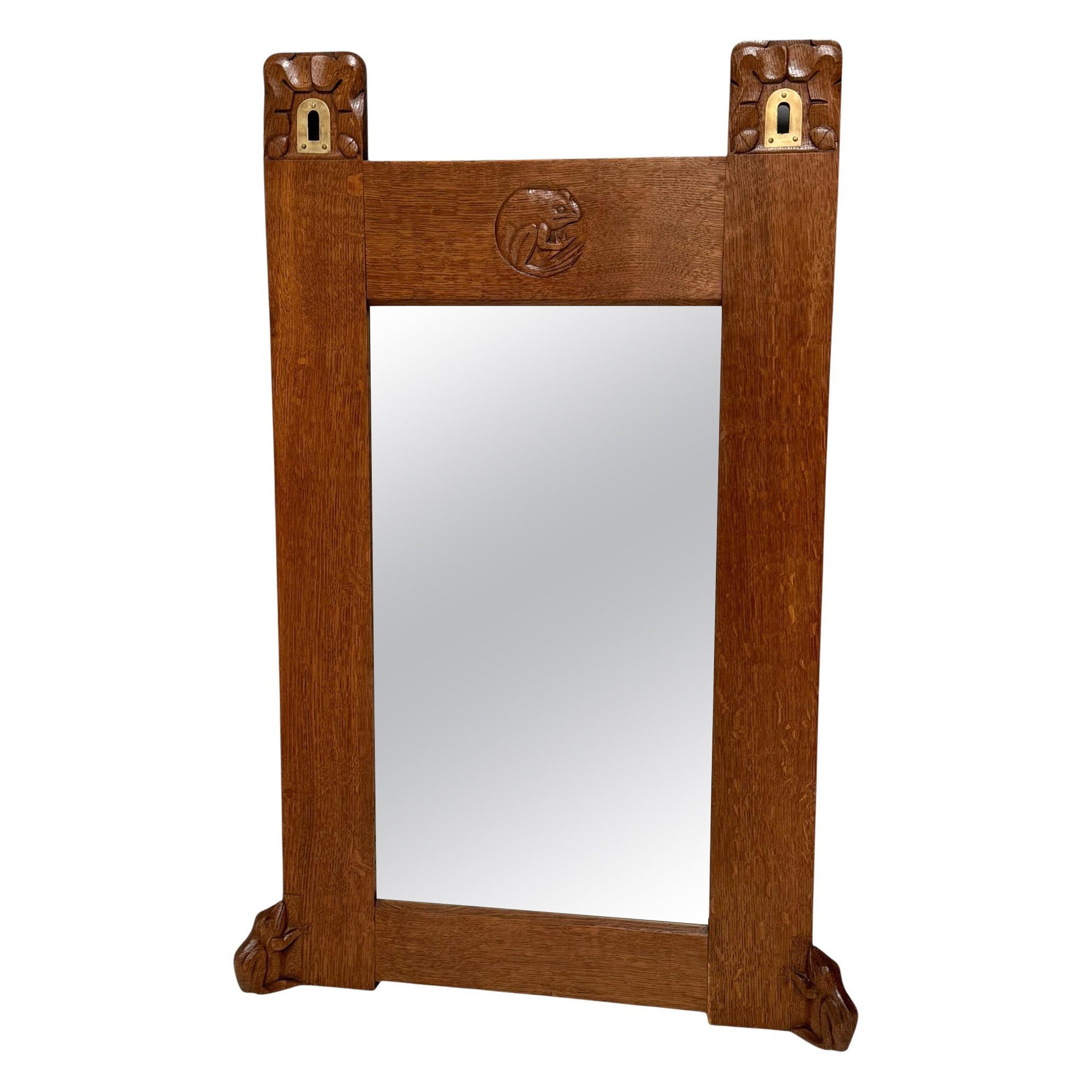 Arts & Crafts Wall Mirror with Hand-Carved Frogs by Kobus de Graaff, 1900s For Sale