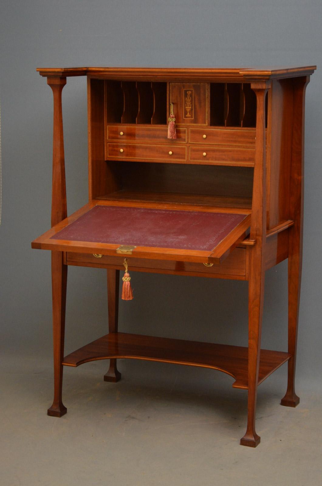 Sn3662, fine quality and very stylish Arts & Crafts bureau in the manner of Shapland and Petter, having three panels inlaid with Art Nouveau motifs, the interior having small cupboard, pigeon holes, small drawers and maroon leather writing surface