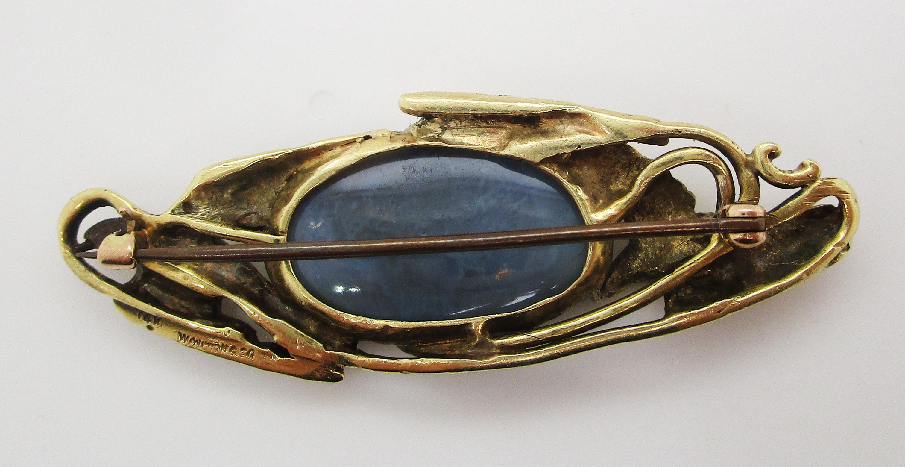 Arts & Crafts Walton & Co. 14 Karat Green Gold Black Opal Dove Brooch In Excellent Condition For Sale In Lexington, KY