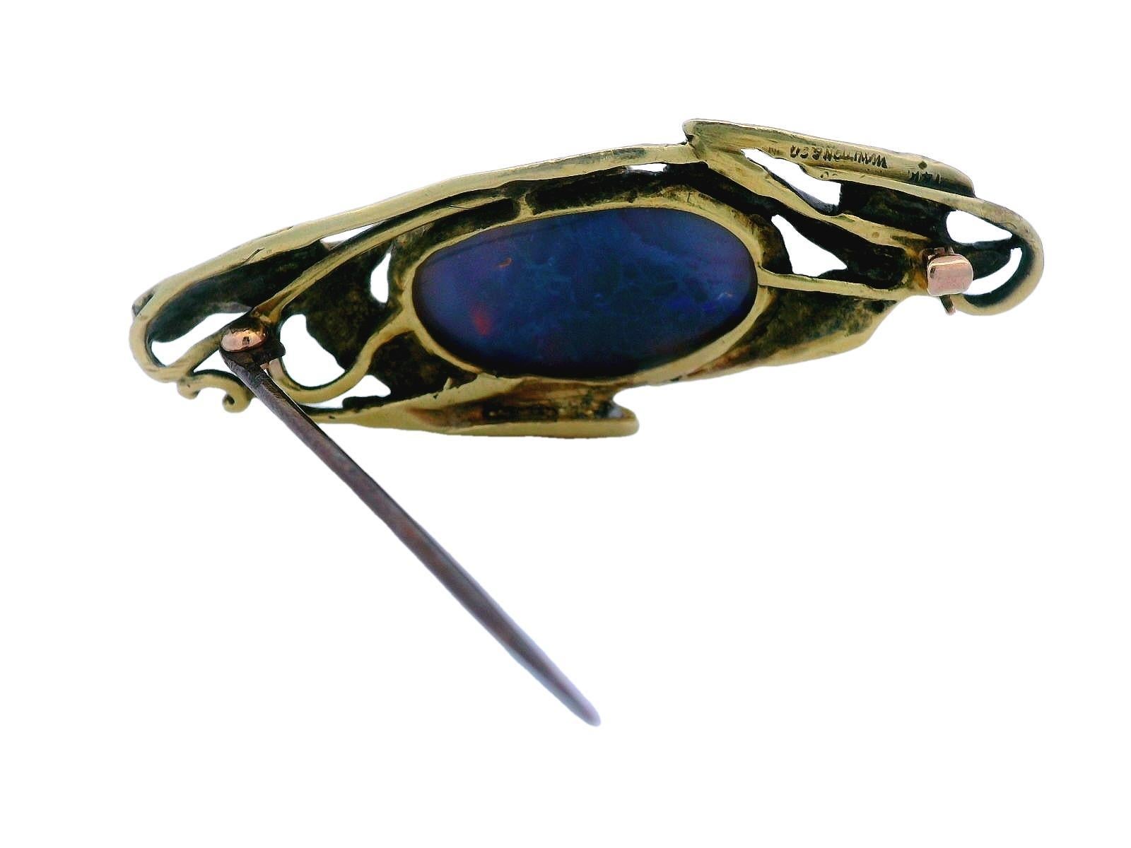 Broche de paloma de oro verde de 14 quilates Arts & Crafts Walton & Co. con ópalo negro australiano en venta 3