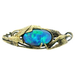 Arts & Crafts Walton & Co. 14K Green Gold Dove Brooch with Australian Black Opal