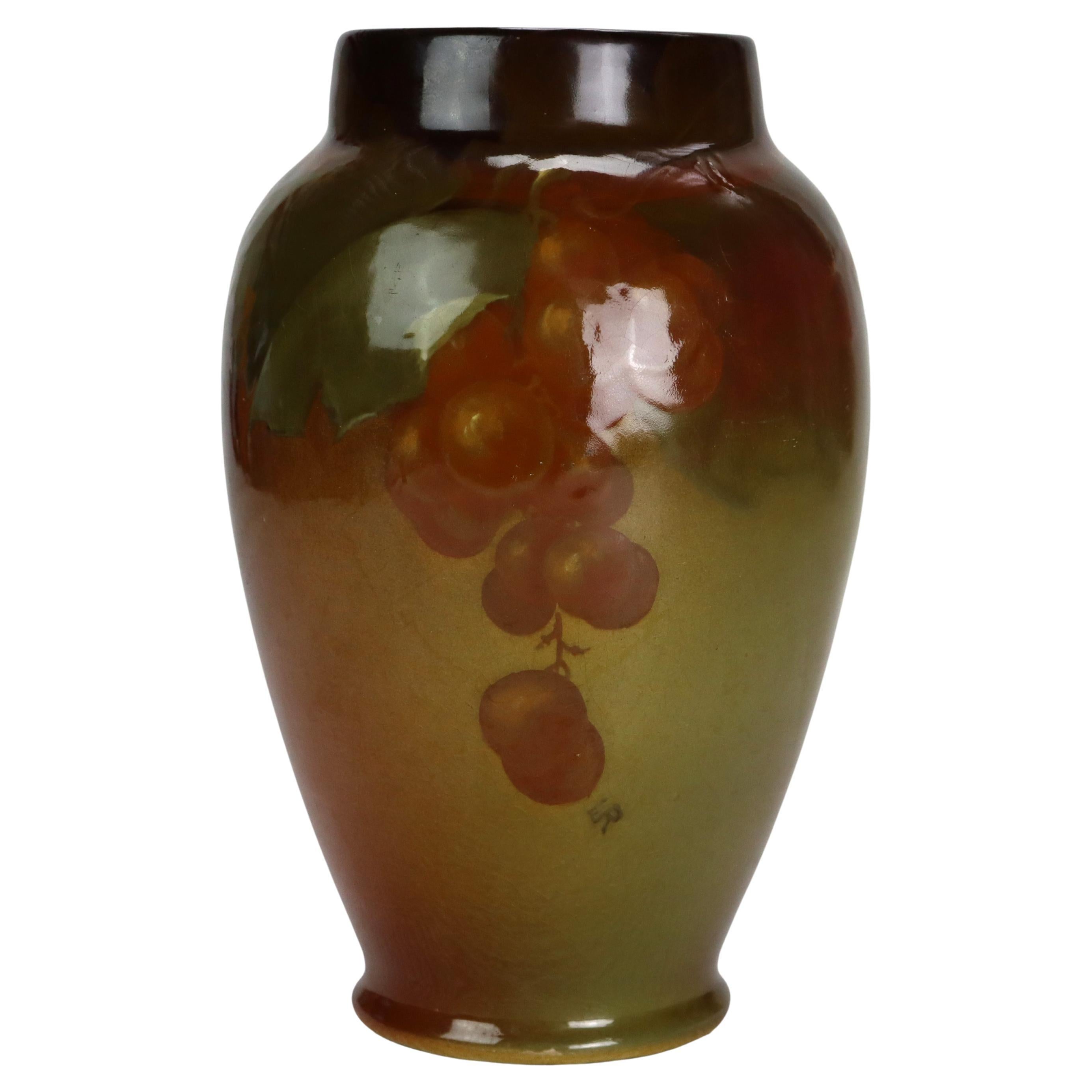 ARts & Crafts Weller Louwelsa High Glaze Pottery Vase With Grape & Leaf c1920