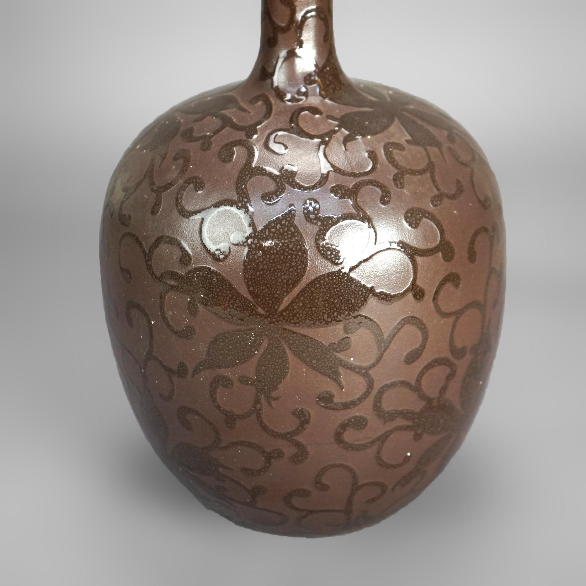 Antique American Arts & Crafts Cut Back Floral Art Pottery Vase in the Manner of Weller or Roseville c1930

Measures- 17.25''H x 9''W x 9''D