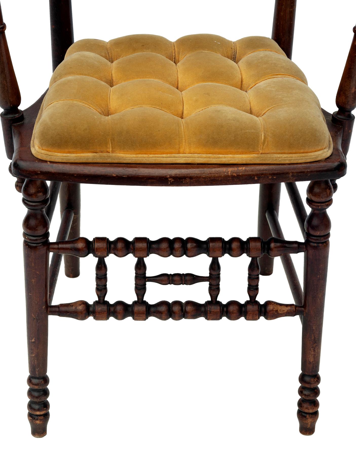 Arts & Crafts Wood Chair with Yellow Velvet Seat For Sale 5
