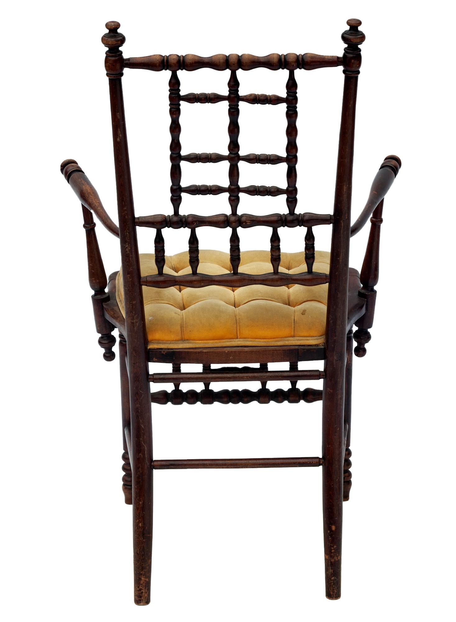 Hand-Crafted Arts & Crafts Wood Chair with Yellow Velvet Seat For Sale