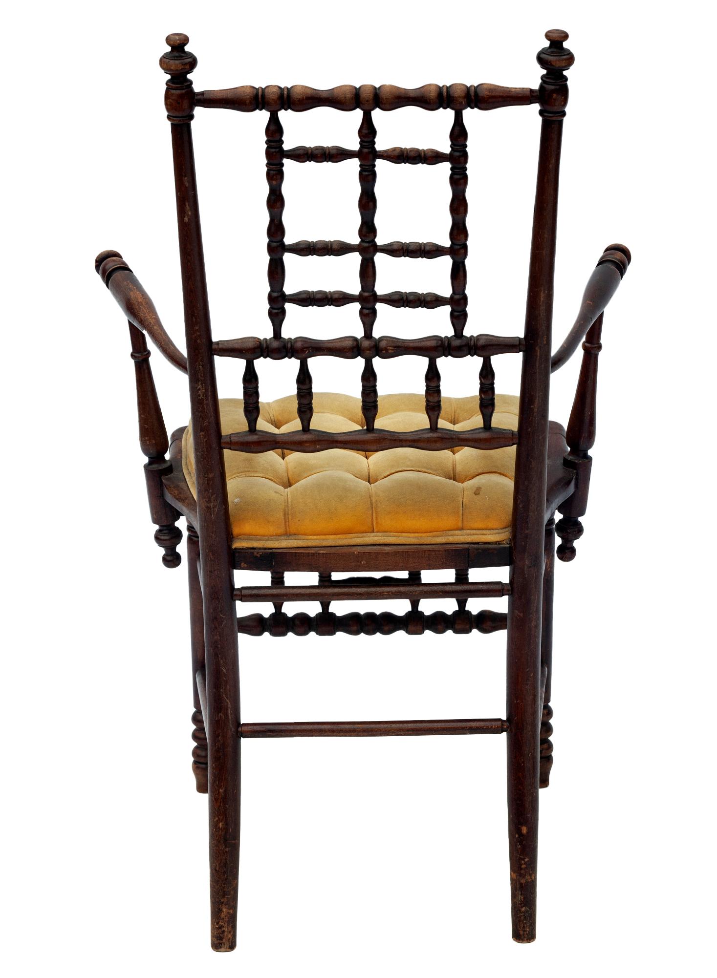 British Arts & Crafts Wood Chair with Yellow Velvet Seat For Sale