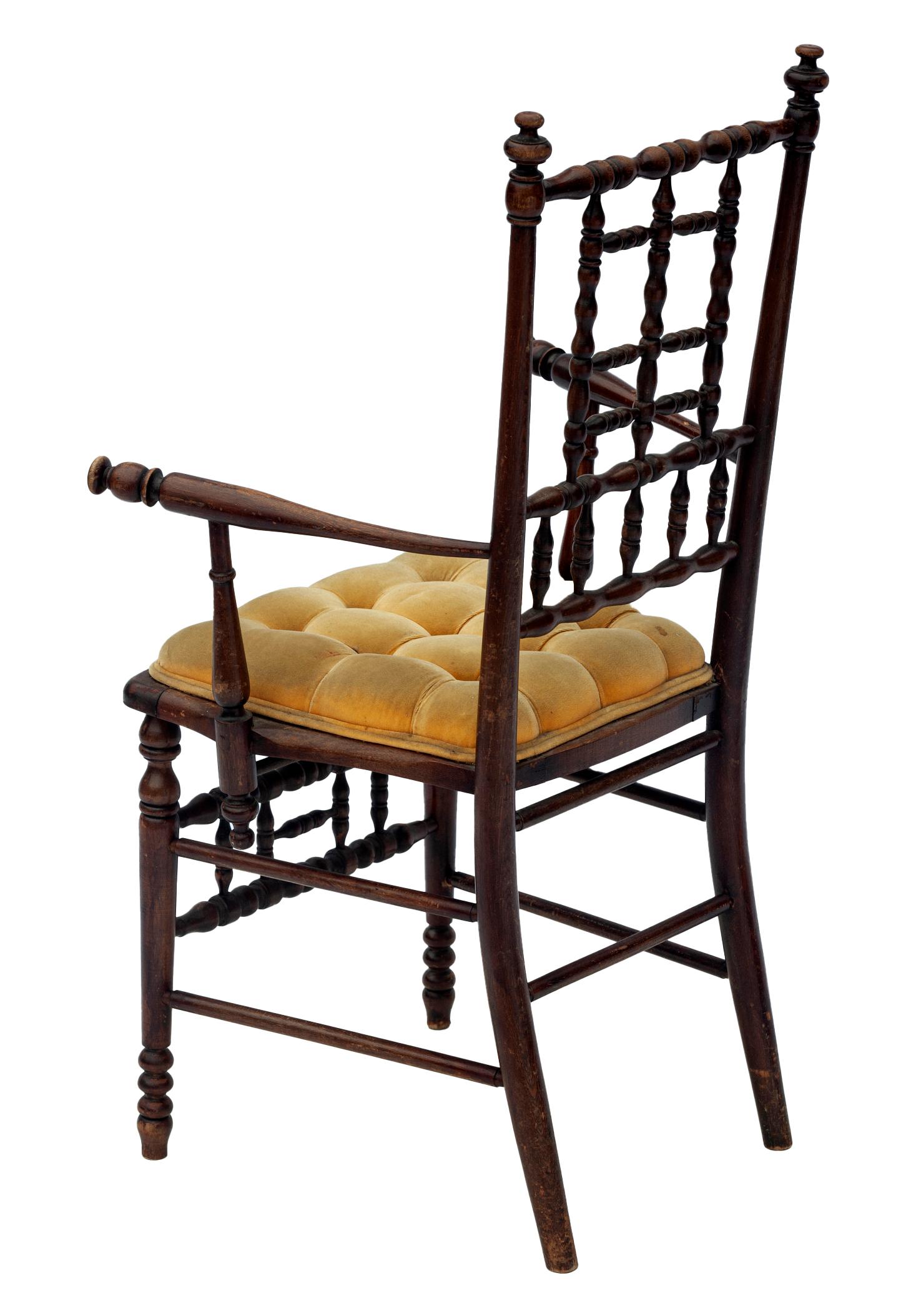 Hand-Crafted Arts & Crafts Wood Chair with Yellow Velvet Seat For Sale