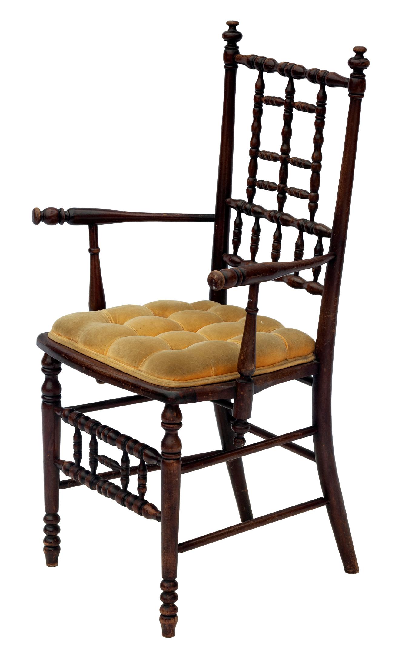 19th Century Arts & Crafts Wood Chair with Yellow Velvet Seat For Sale
