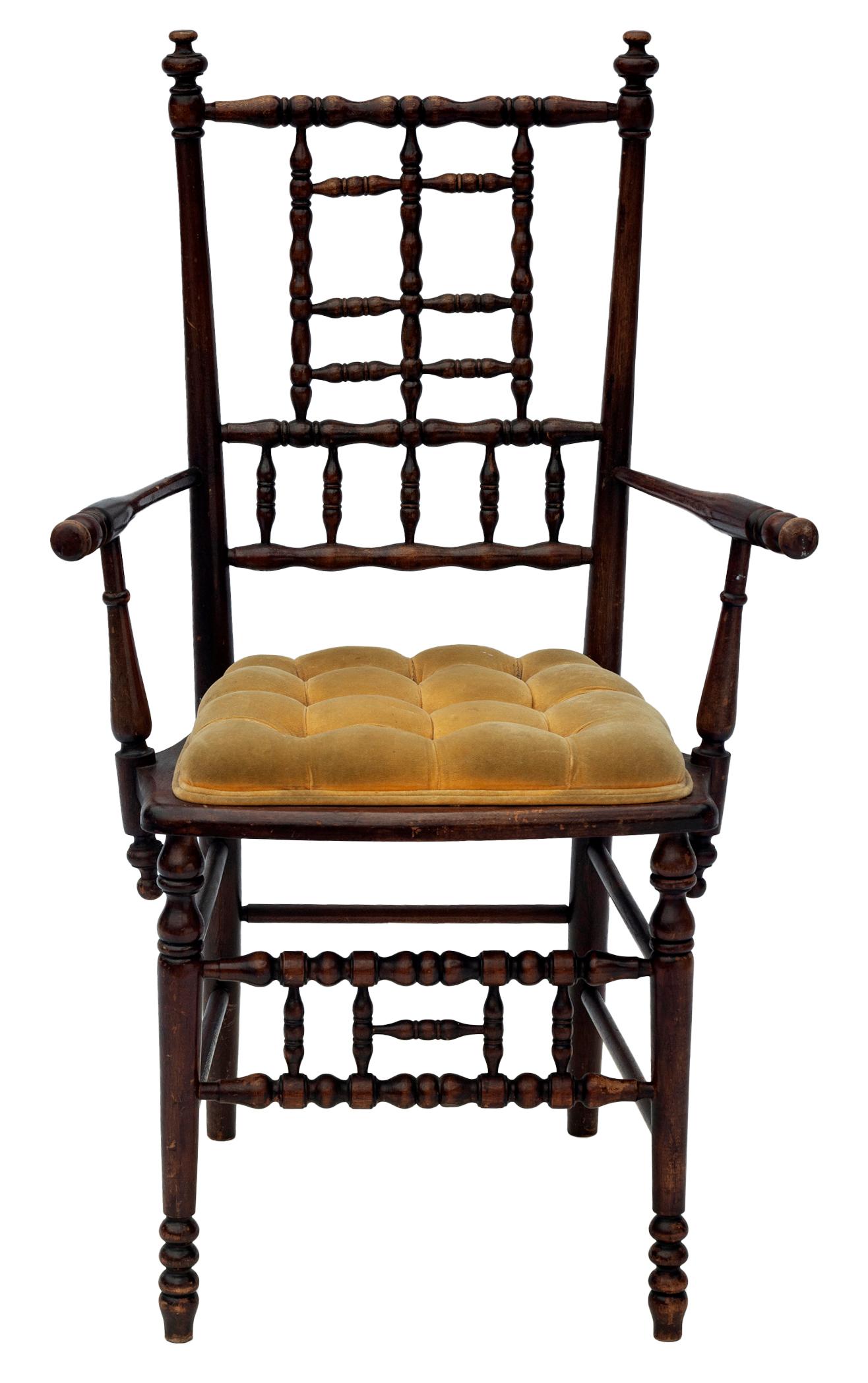 19th Century Arts & Crafts Wood Chair with Yellow Velvet Seat For Sale