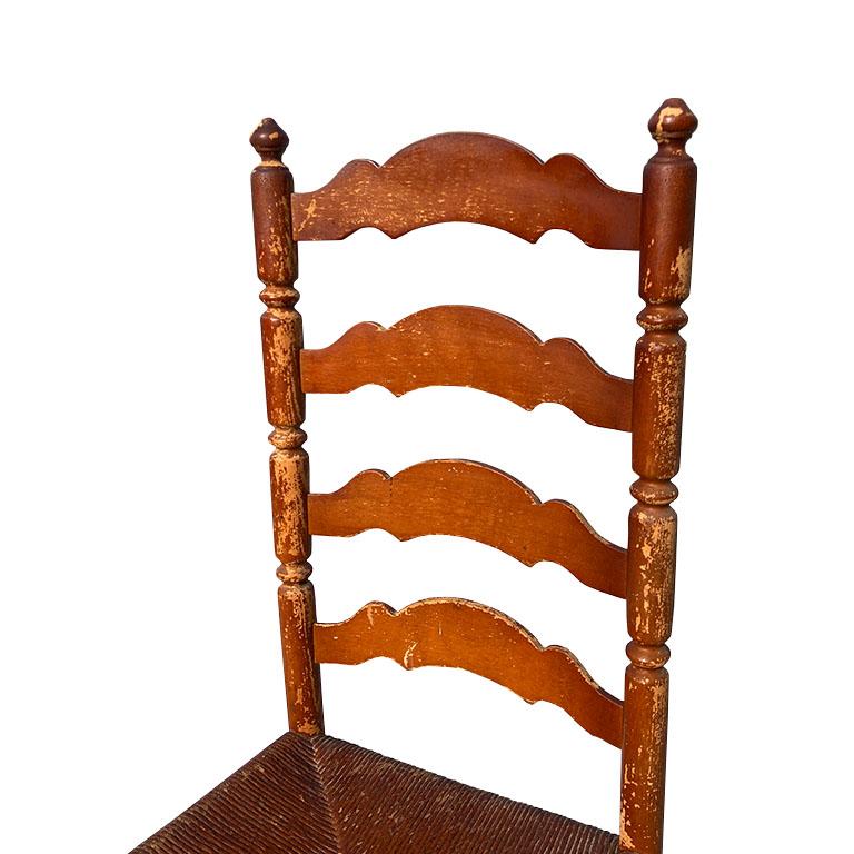 American Arts & Crafts Wood Ladder Back Chairs with Woven Rush Seats, Set of 2 - 1920s For Sale