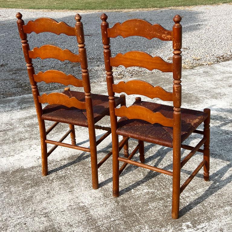 Arts and Crafts Arts & Crafts Wood Ladder Back Chairs with Woven Rush Seats, Set of 2 - 1920s For Sale