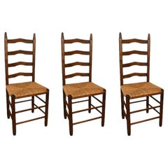 Vintage Arts & Crafts Wood Ladder Back Chairs with Woven Rush Seats, Set of 3