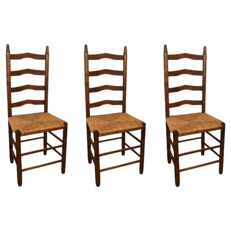 Arts and Crafts Wood Ladder Back Chairs with Woven Rush Seats, Set of 3
