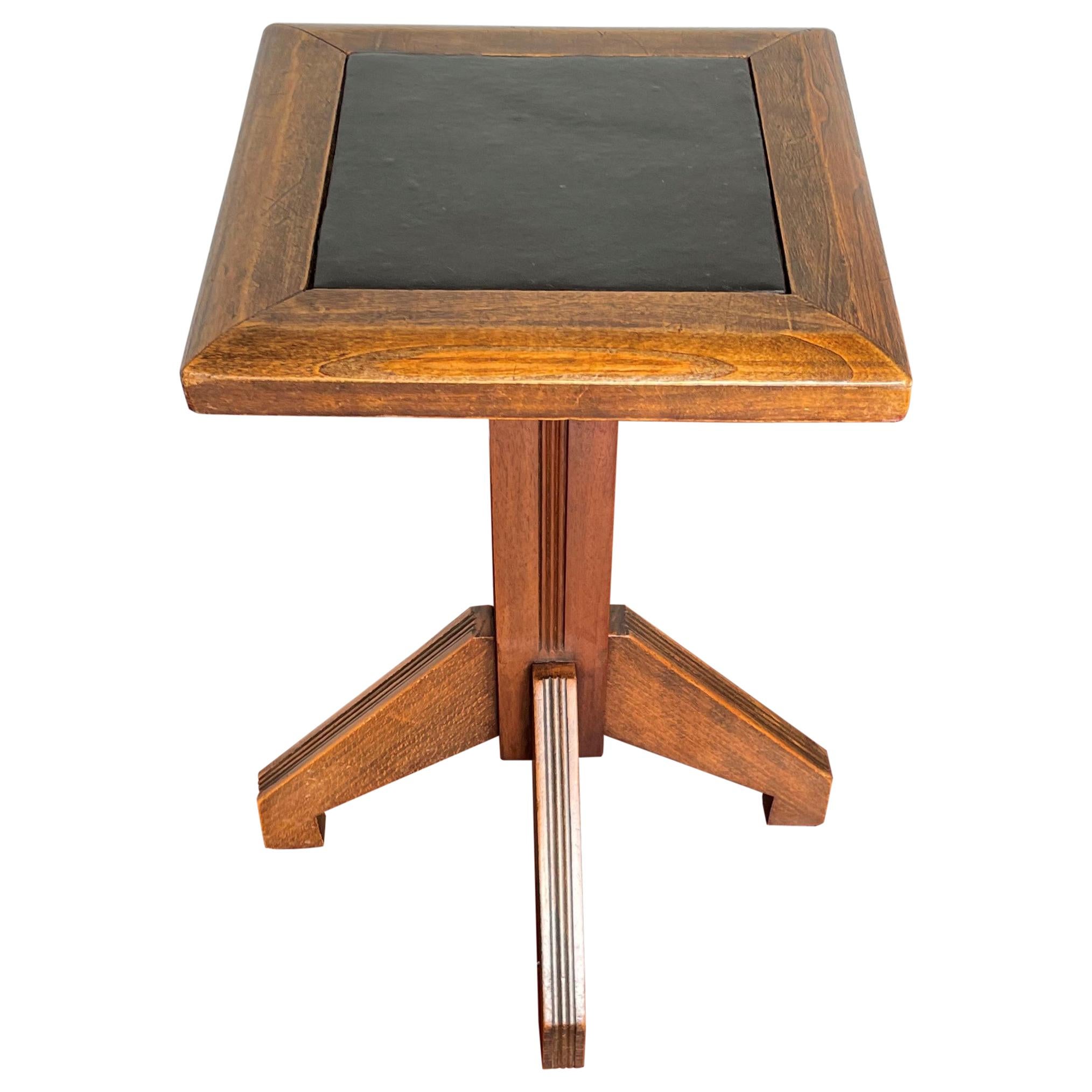 Tabouret ou fauteuil de piano réglable en bois Arts & Crafts avec incrustation de cuir