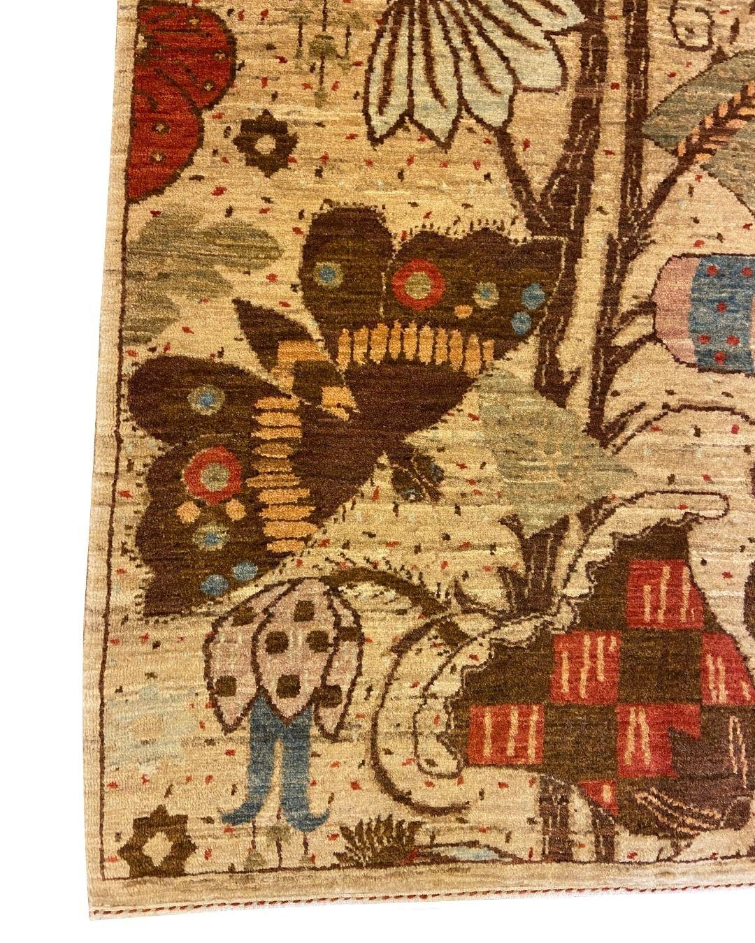 Arts and Crafts Arts & Crafts Wool Rug with Flowers & Butterflies in Red, Brown, Green, 3' x 5' For Sale