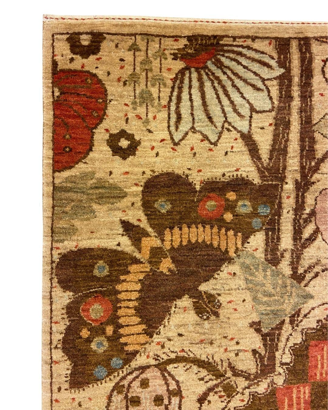 Persian Arts & Crafts Wool Rug with Flowers & Butterflies in Red, Brown, Green, 3' x 5' For Sale