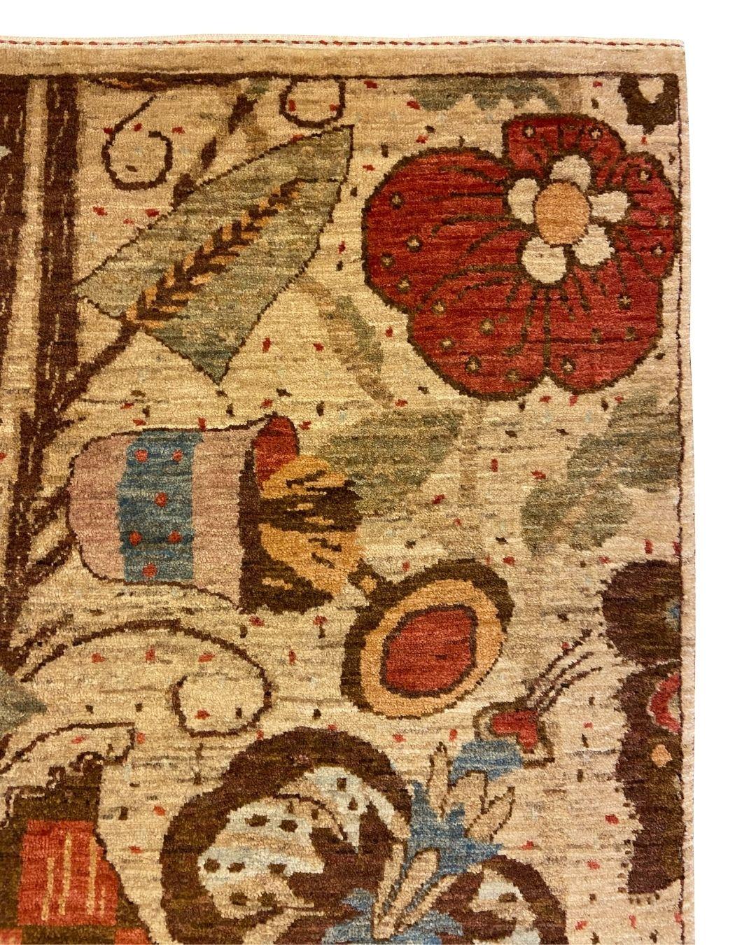 Vegetable Dyed Arts & Crafts Wool Rug with Flowers & Butterflies in Red, Brown, Green, 3' x 5' For Sale