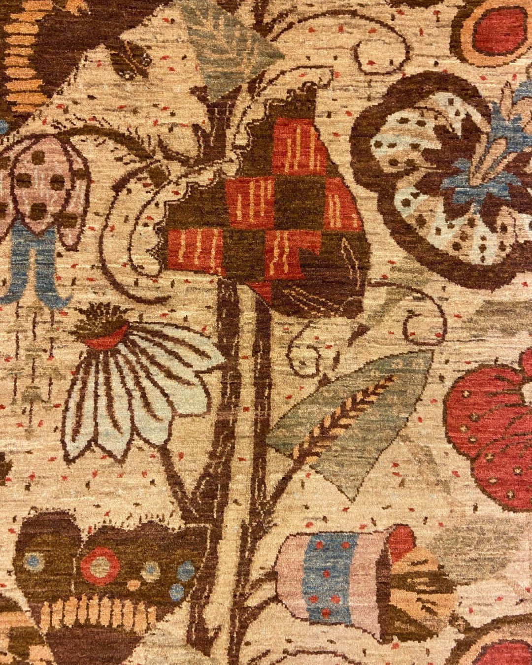 Arts & Crafts Wool Rug with Flowers & Butterflies in Red, Brown, Green, 3' x 5' In New Condition For Sale In New York, NY