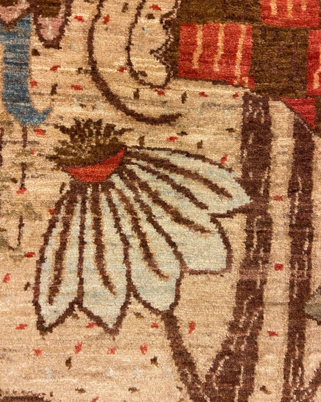 Contemporary Arts & Crafts Wool Rug with Flowers & Butterflies in Red, Brown, Green, 3' x 5' For Sale
