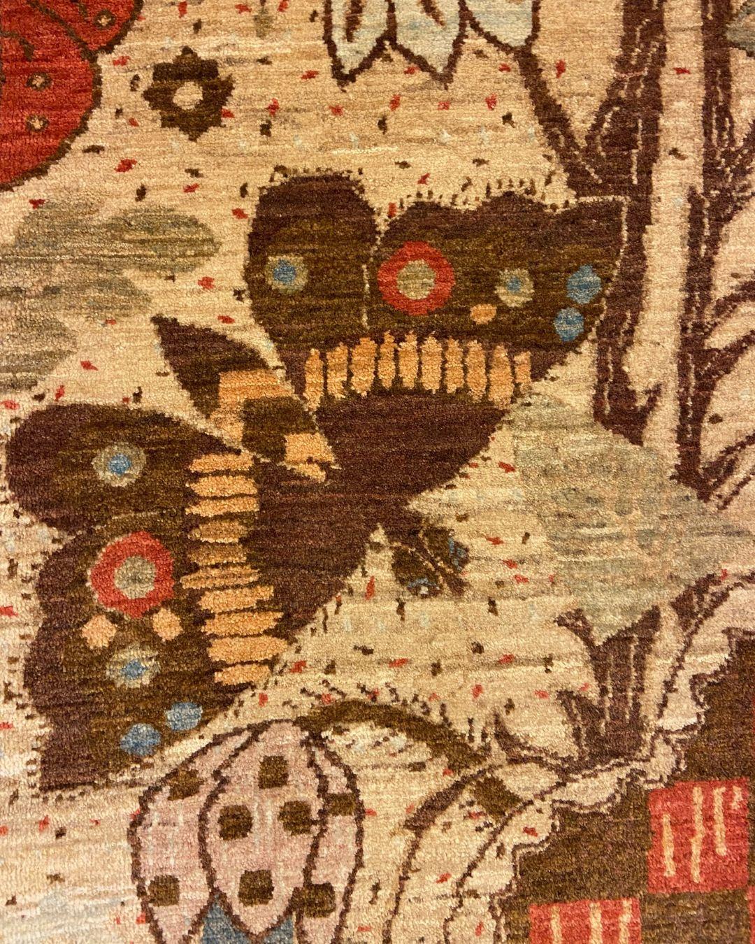Arts & Crafts Wool Rug with Flowers & Butterflies in Red, Brown, Green, 3' x 5' For Sale 1