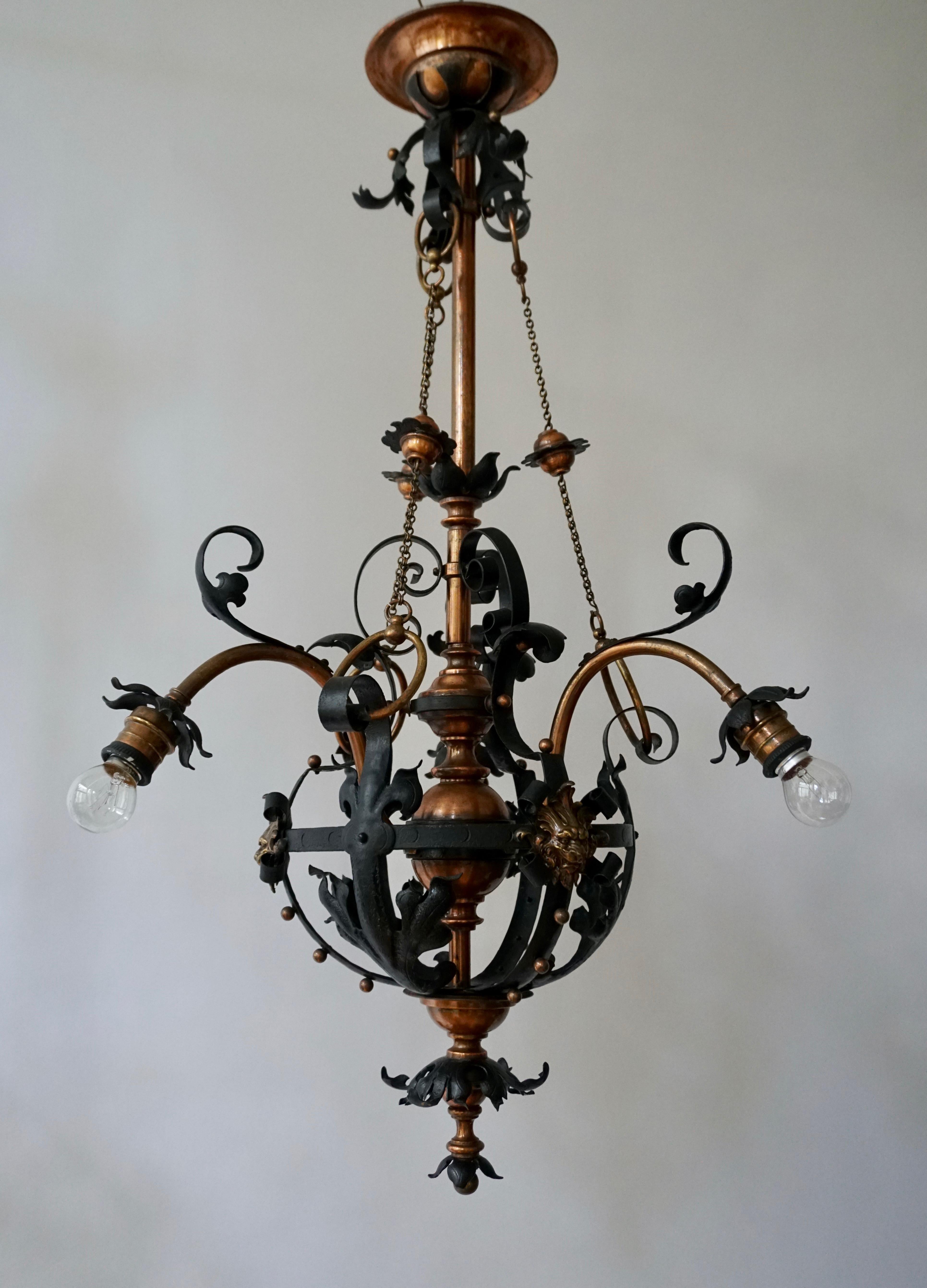Arts & Crafts Wrought Iron and Copper Castle Chandelier with Bronze Lion Heads For Sale 2