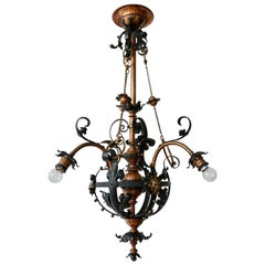 Antique Arts & Crafts Wrought Iron and Copper Castle Chandelier with Bronze Lion Heads