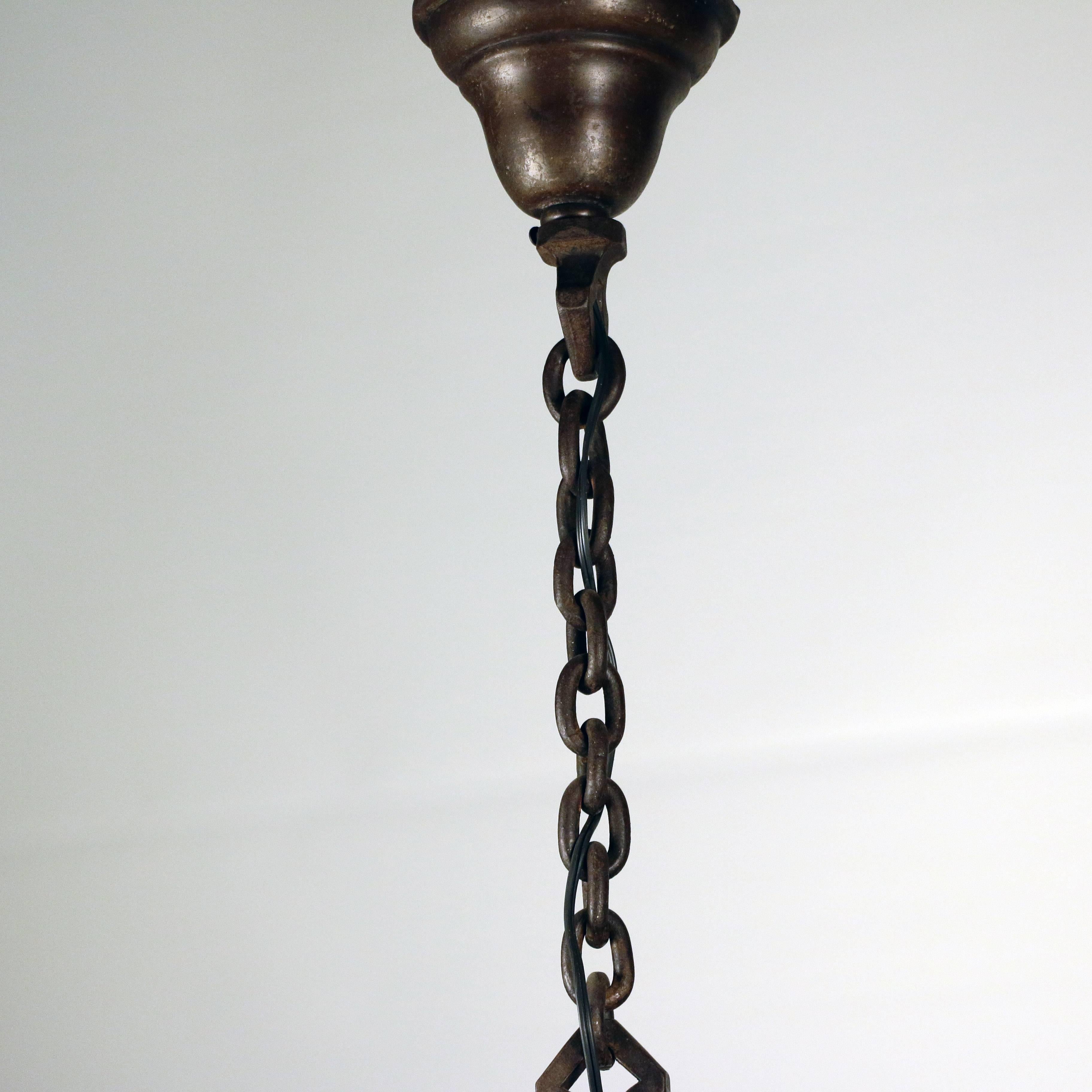 American Arts & Crafts Wrought Iron and Steuben Aurene Chandelier