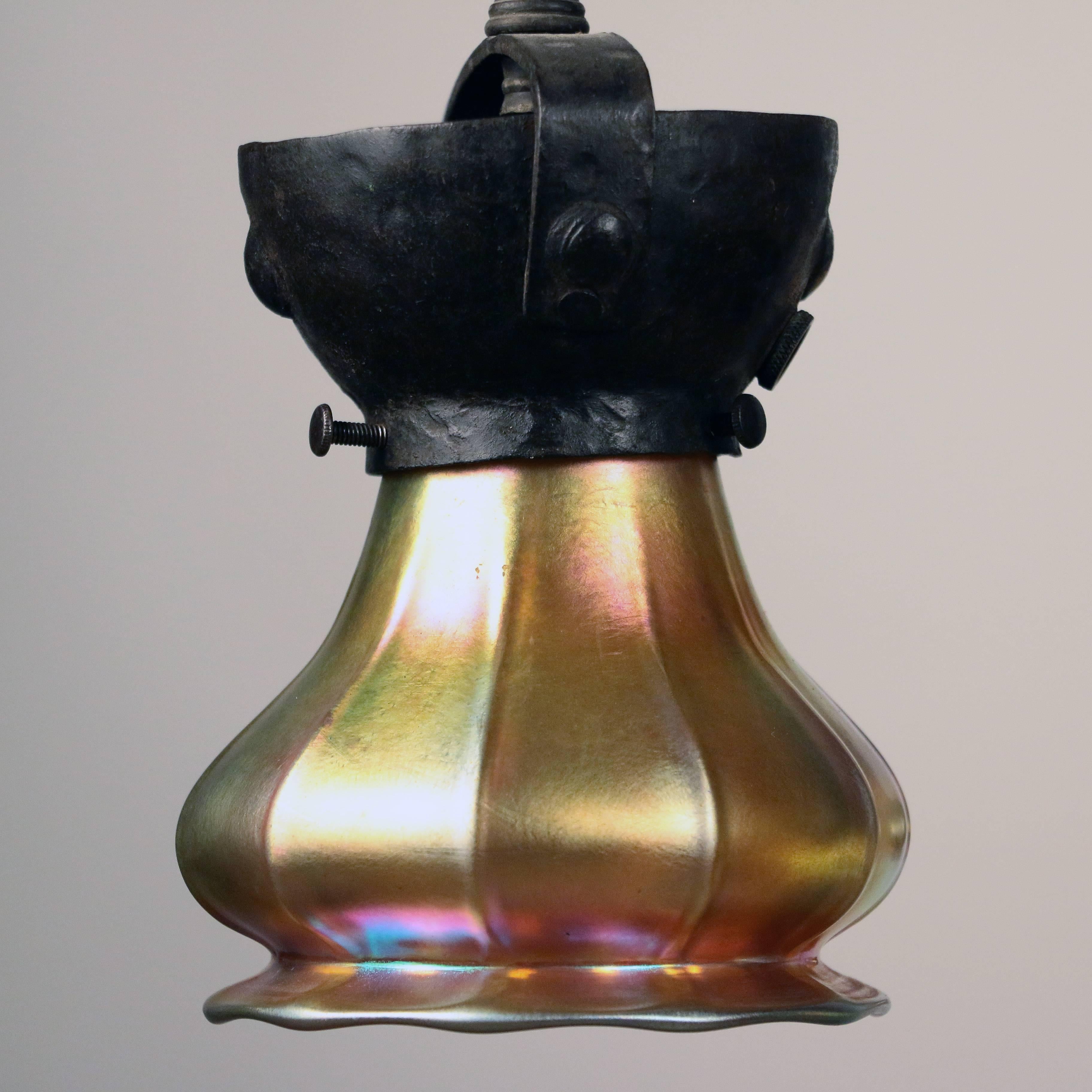 Hammered Arts & Crafts Wrought Iron and Steuben Aurene Chandelier