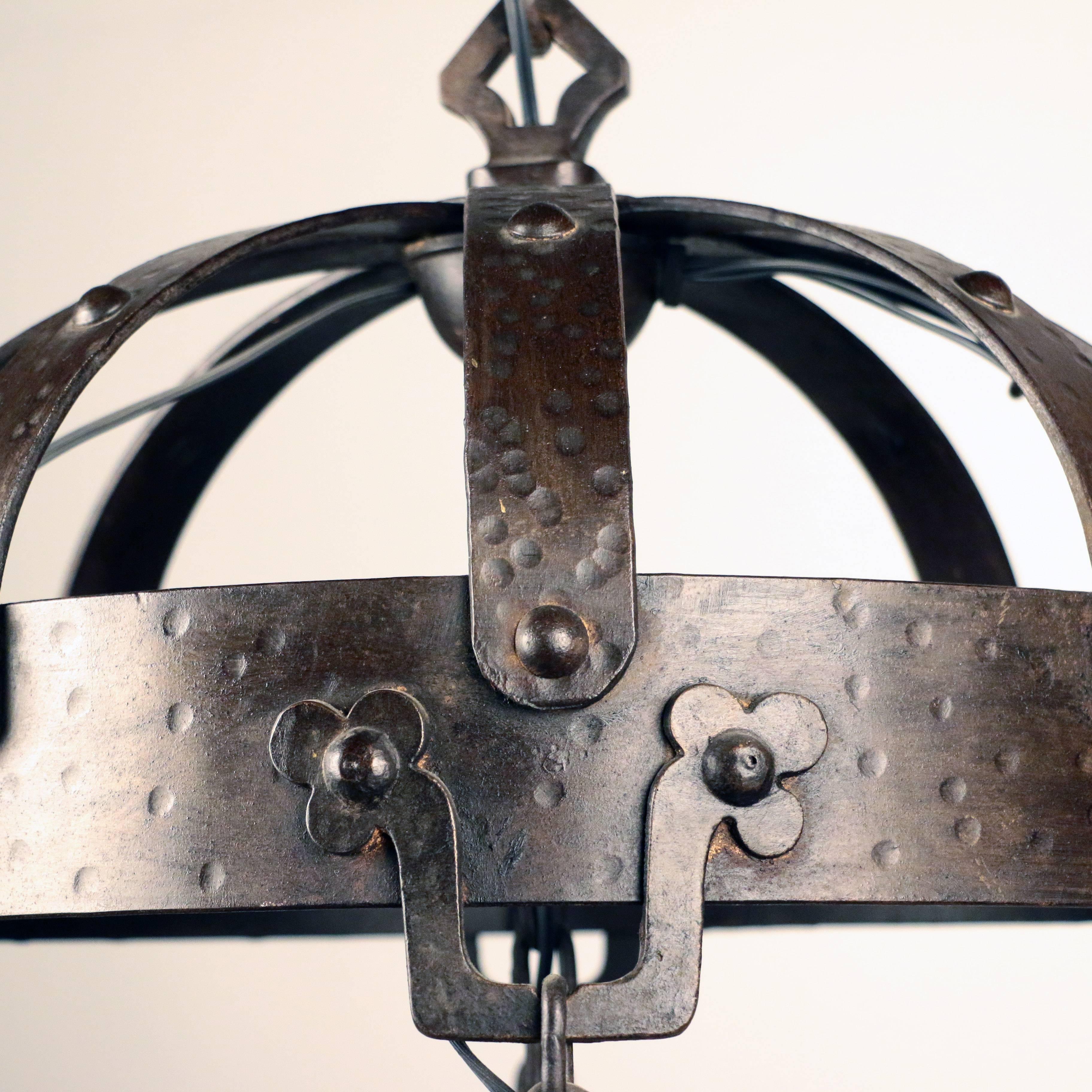 20th Century Arts & Crafts Wrought Iron and Steuben Aurene Chandelier