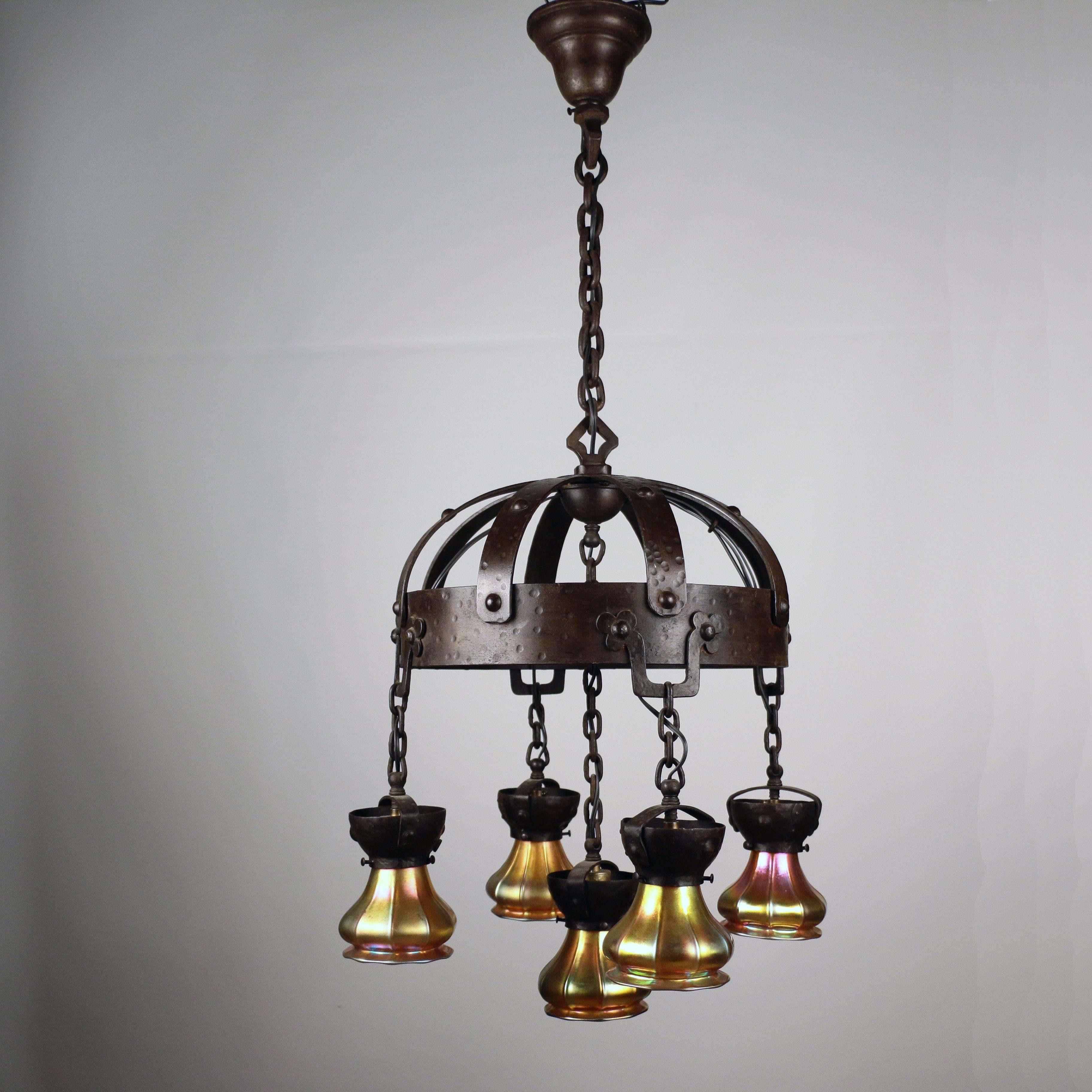 Glass Arts & Crafts Wrought Iron and Steuben Aurene Chandelier