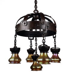 Arts & Crafts Wrought Iron and Steuben Aurene Chandelier