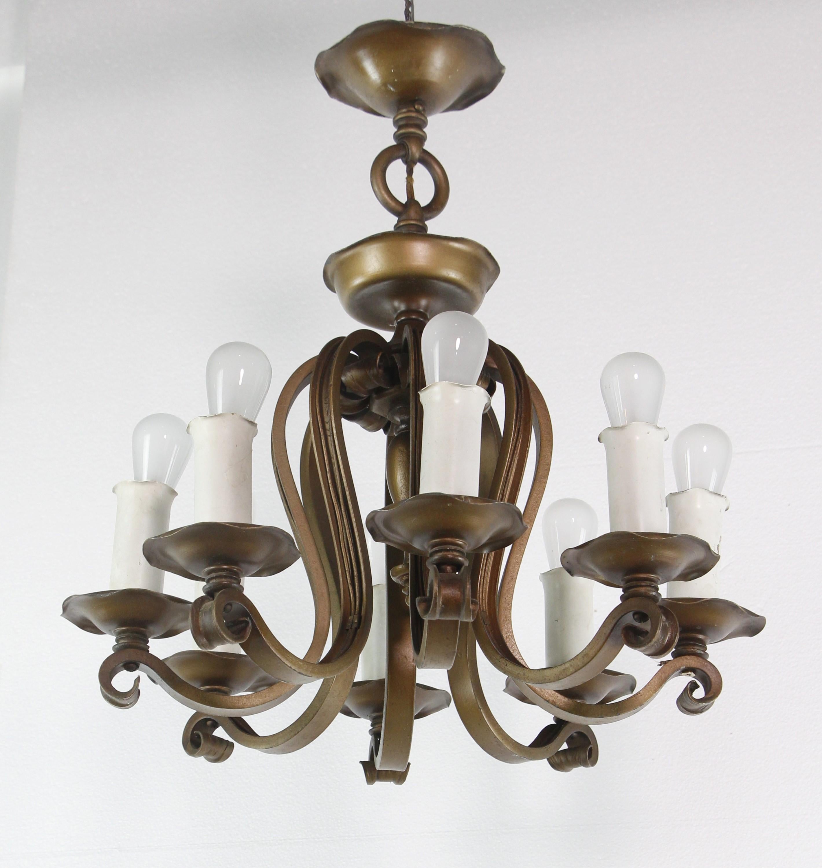 American Arts & Crafts Wrought Iron & Bronze Chandelier For Sale