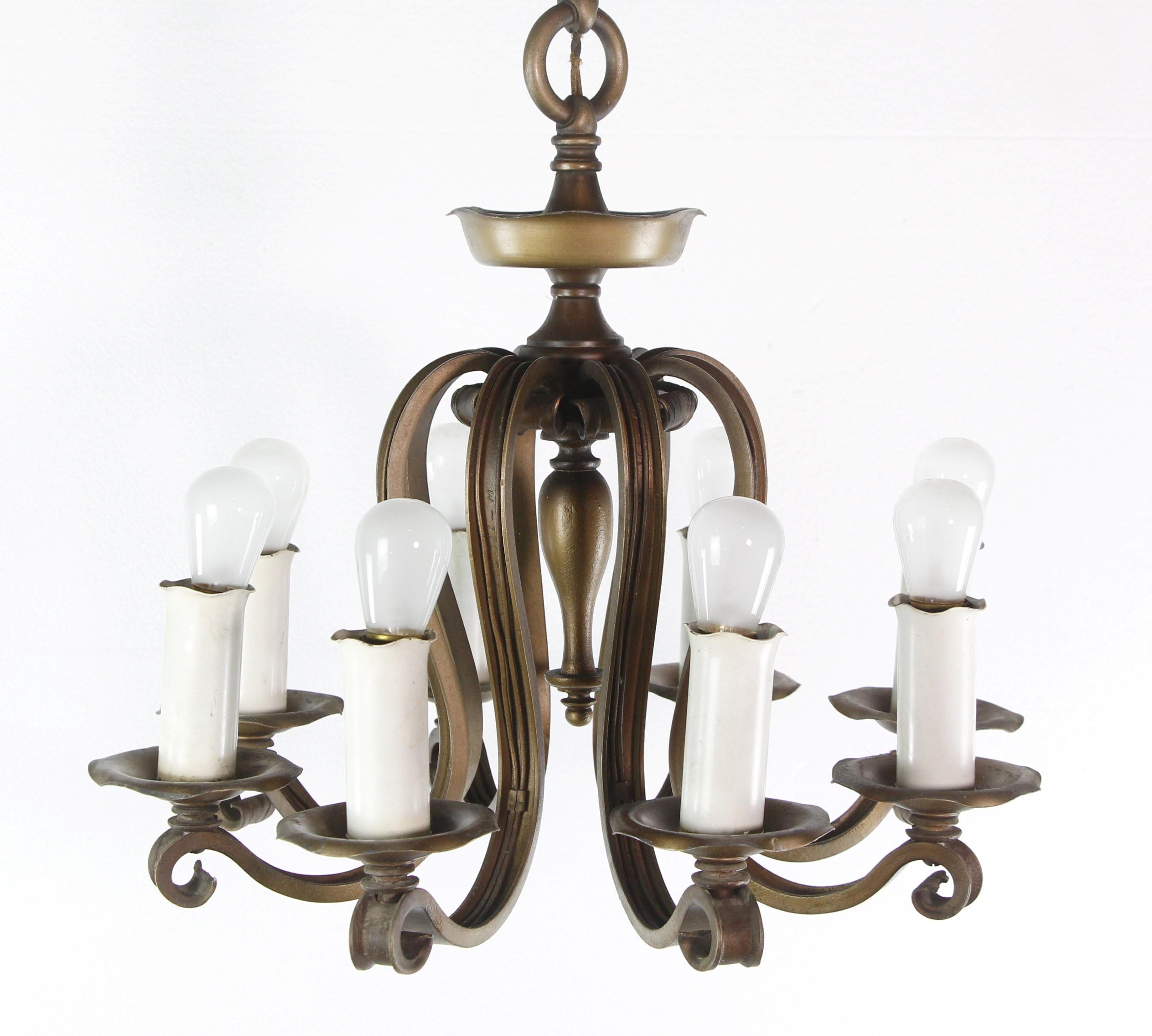 Arts & Crafts Wrought Iron & Bronze Chandelier In Good Condition For Sale In New York, NY