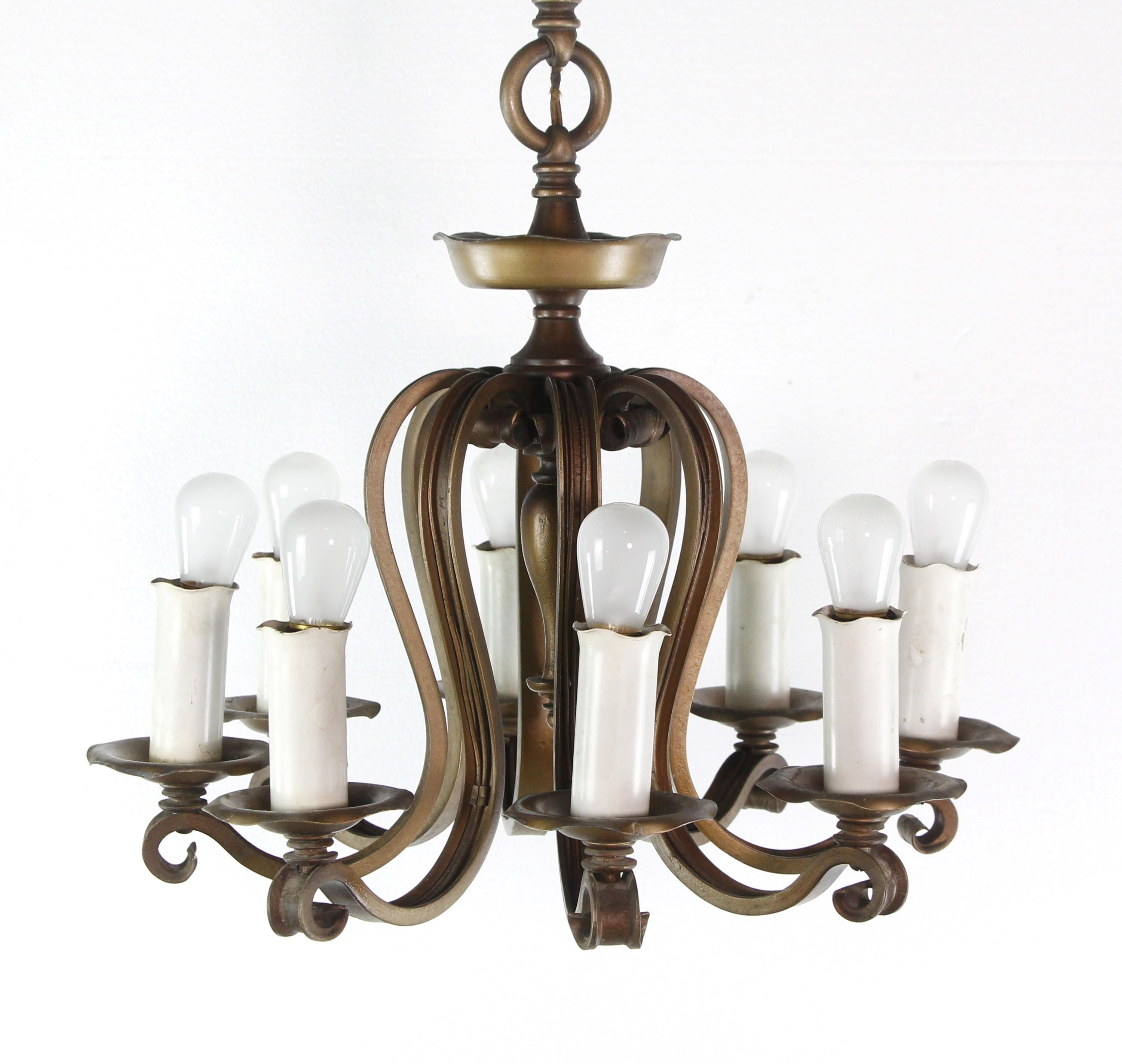 20th Century Arts & Crafts Wrought Iron & Bronze Chandelier For Sale