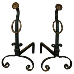 Arts & Crafts Yellin School Stylized Flower Wrought Iron Andirons, circa 1910