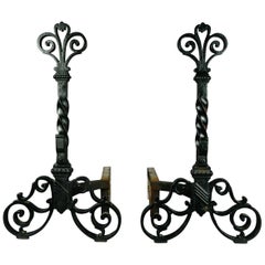 Vintage Arts & Crafts Yellin School Wrought Iron Andirons, 20th Century