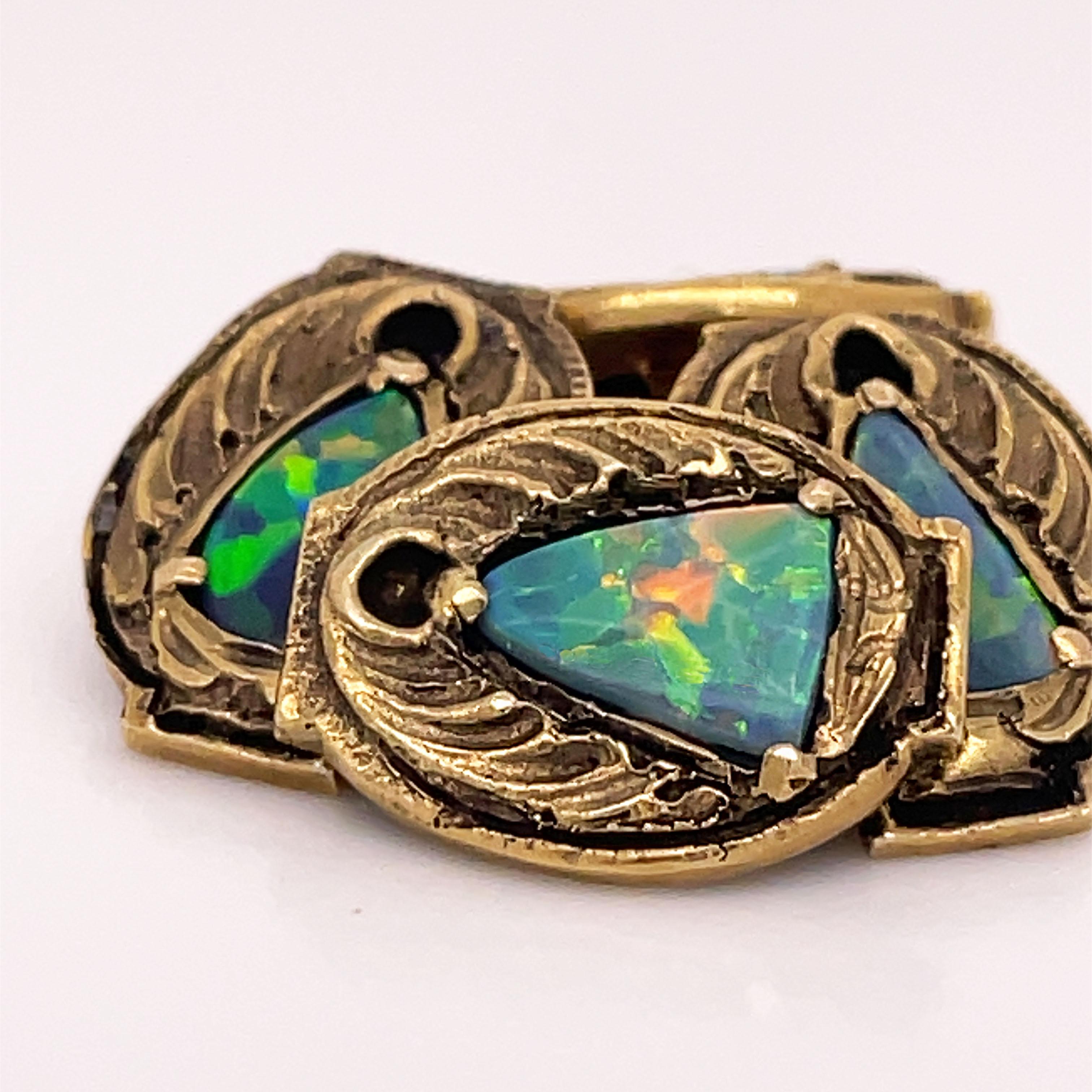 Men's Arts & Crafts Yellow Gold and Black Opal Cufflinks Signed Walton & Co.