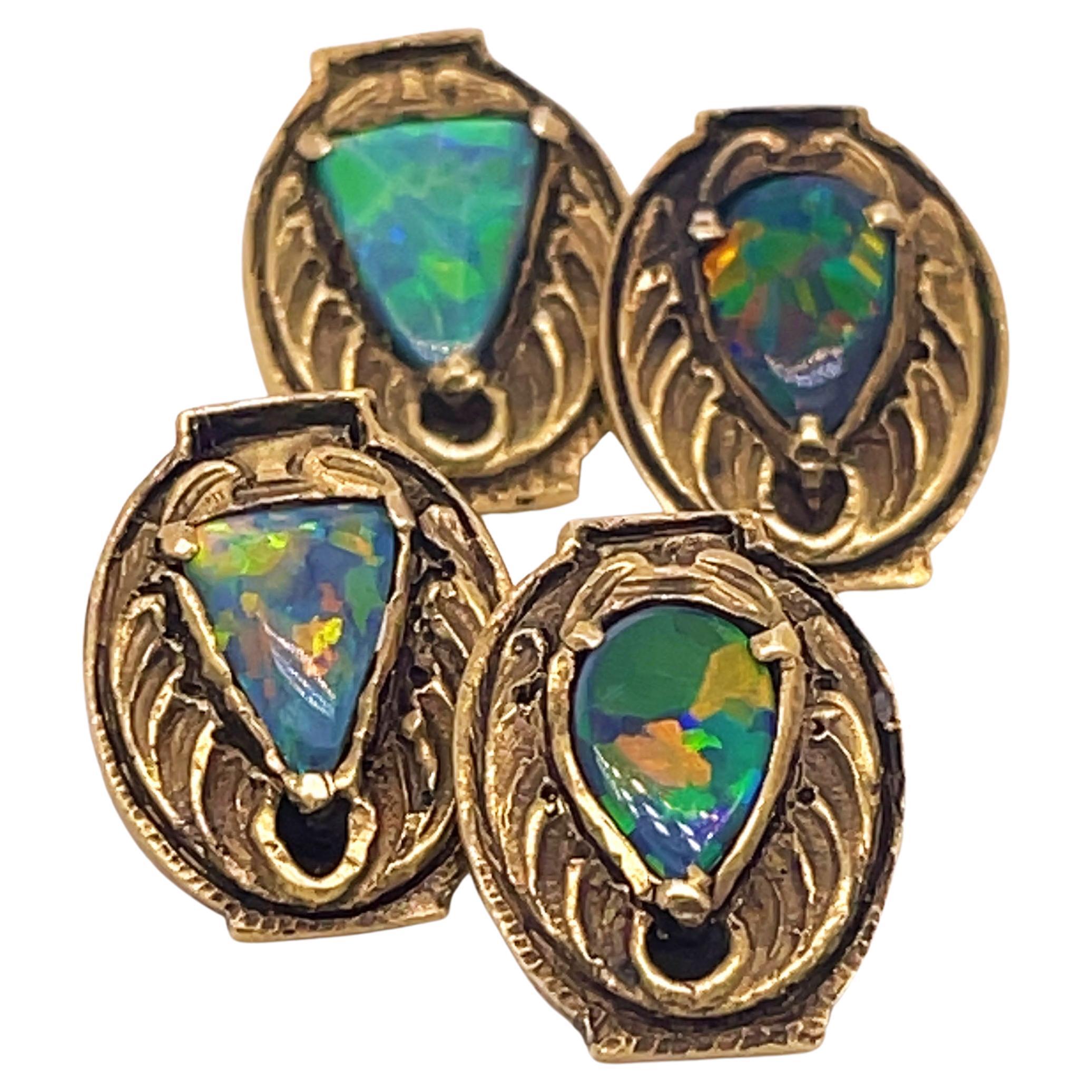 Arts & Crafts Yellow Gold and Black Opal Cufflinks Signed Walton & Co.